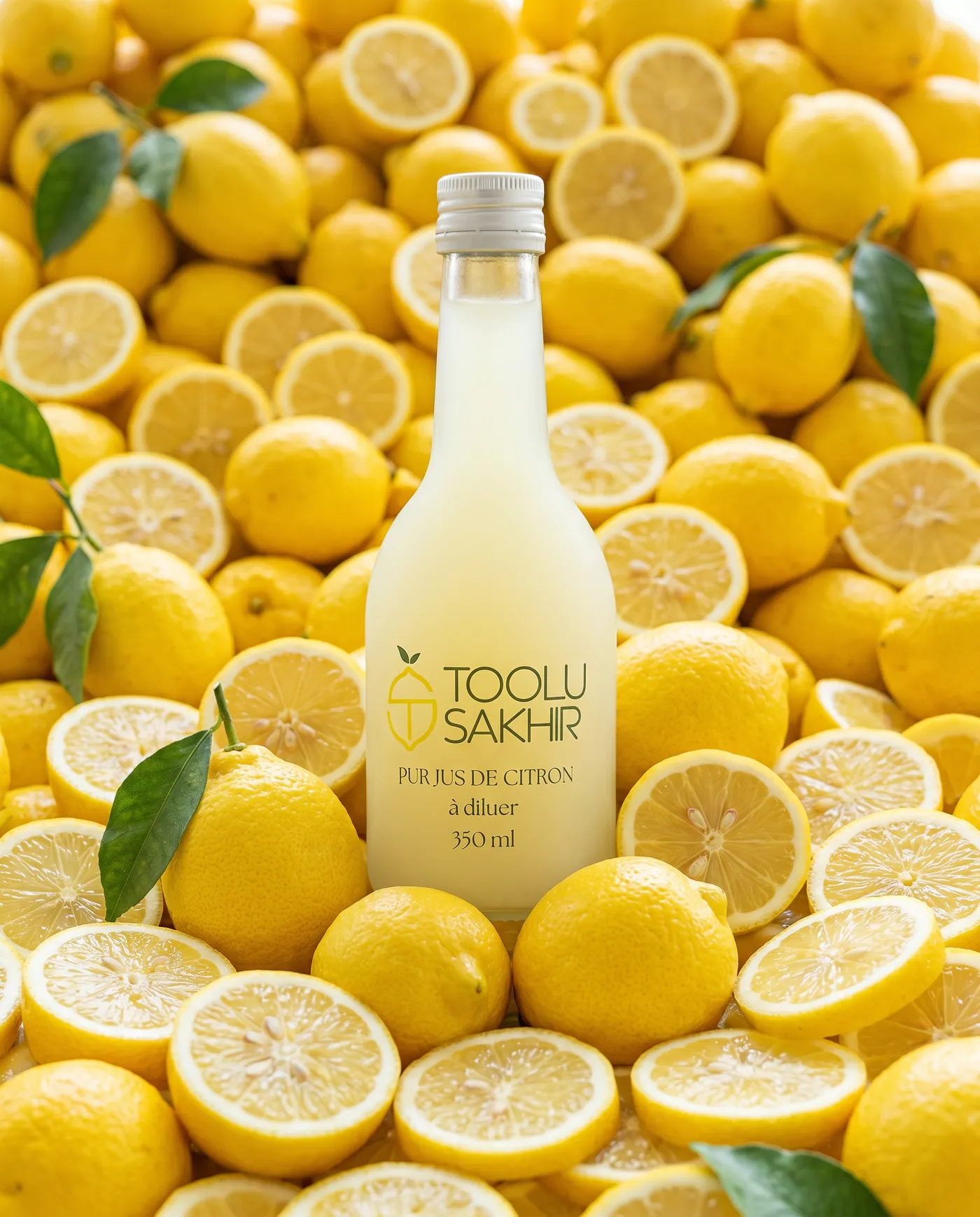 Bouteille Toolu Sakhir posée sur un lit de citrons, sous une lumière douce